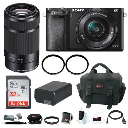 소니 Sony a6000 Camera with 16-50mm Power Zoom Lens + Sony E 55-210mm E-Mount Lens + Accessory Bundle