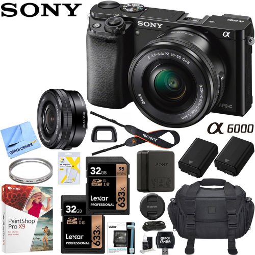 소니 Sony Alpha a6000 Mirrorless Digital Camera 24.3MP SLR (Black) w 16-50mm Lens ILCE-6000LB with Extra Battery Case + 2x Lexar Professional 633x 32GB SDHCSDXC UHS-I Card Bundle