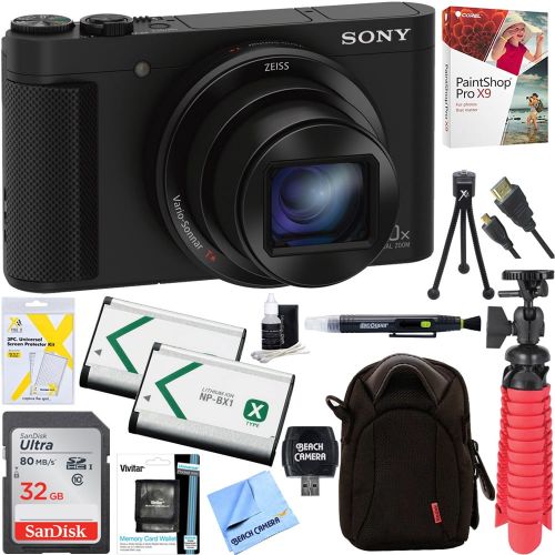 소니 Sony Cyber-shot HX80 Compact Digital Camera with 30x Optical Zoom (Black) + 32GB SDHC Memory Dual Battery Kit + Accessory Bundle