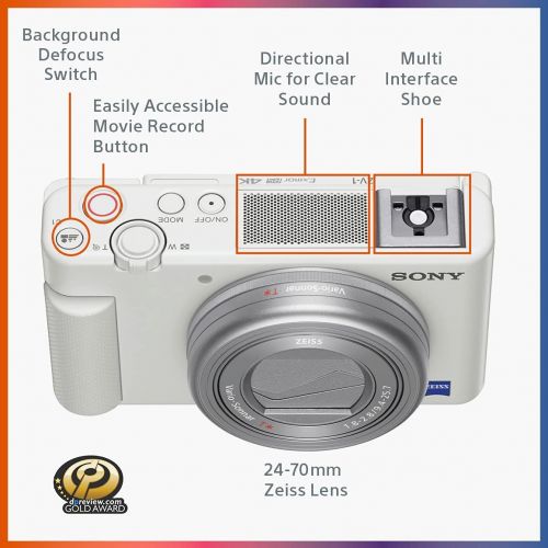 소니 Sony ZV-1 Digital Camera for Content Creators, Vlogging and YouTube with Flip Screen, Built-in Microphone, 4K HDR Video, Touchscreen Display, Live Video Streaming, Webcam