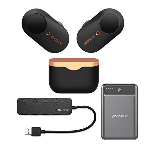 소니 Sony WF-1000XM3 True Wireless Noise-Canceling Earbud Headphones (Black, USA Warranty) with Ultra-Portable 5,000 mAh Battery Pack and 4-Port USB 3.0 Hub (3 Items)