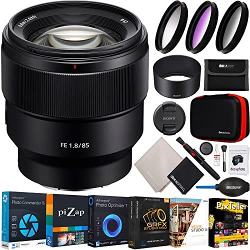 소니 Sony FE 85mm F1.8 Lens SEL85F18 Large Aperture for Full Frame and APS-C E-Mount Mirrorless Cameras Bundle with Deco Gear Photography UV/CPL/FLD Filter Set + Photo Video Software Ki