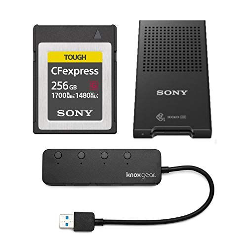 소니 Sony 256GB Tough CEB-G Series CFexpress Type B Memory Card MRWG1T CFe-B/XQD Memory Card Reader and Knox Gear 3.0 4 Port USB Hub Bundle (3 Items)