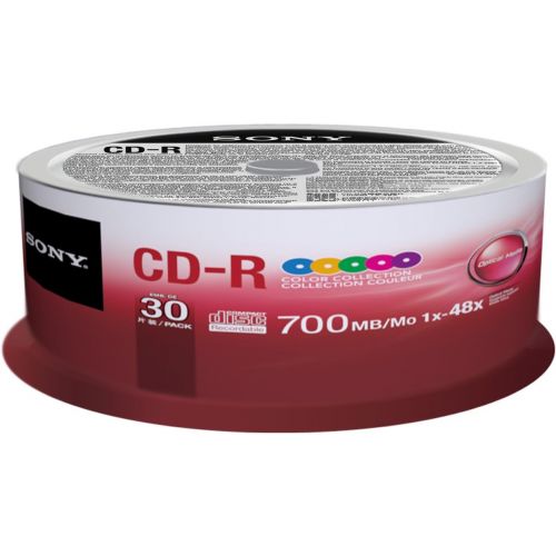 소니 Sony 30CDQ80XP CD-R 48X 80 min/700MB Color Spindle Compact Disc, 30-Pack