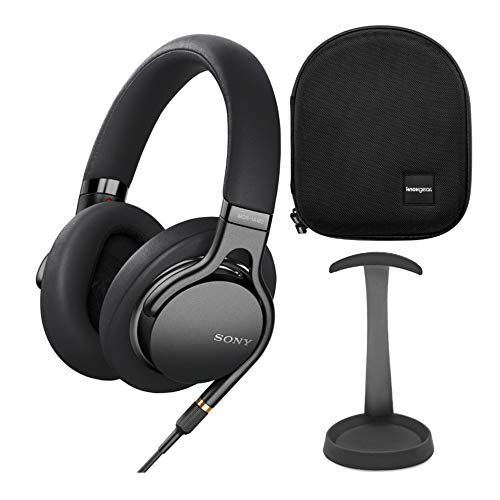 소니 Sony MDR1AM2/B Premium Hi-Res Stereo Headphones with Heavy Bass Beat (Black) with Hardshell Protective Headphone Case and Brushed Aluminum Headphone Stand Bundle (3 Items)