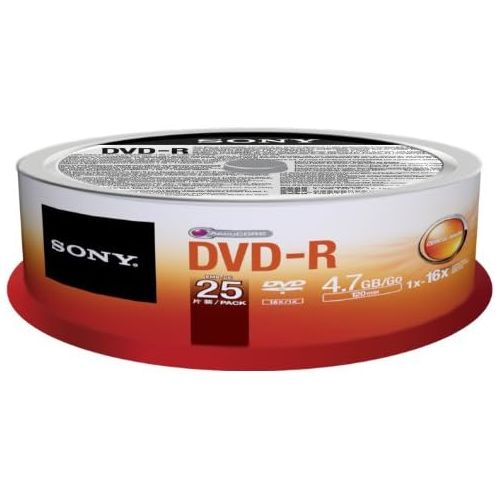 소니 Sony 25DMR47SP 16x DVD-R 4.7GB Recordable DVD Media - 25 Pack Spindle