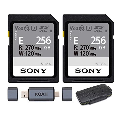 소니 Sony 256GB E-Series High Speed SD Card (2-Pack) with Koah Pro Card Reader and Rugged Memory Card Storage Case Bundle (3 Items)