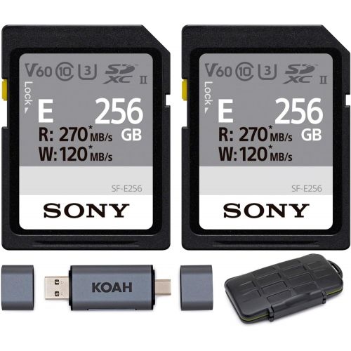 소니 Sony 256GB E-Series High Speed SD Card (2-Pack) with Koah Pro Card Reader and Rugged Memory Card Storage Case Bundle (3 Items)