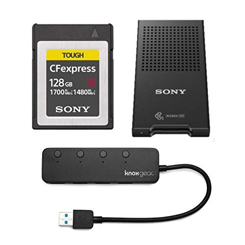 소니 Sony 128GB Tough CEB-G Series CFexpress Type B Memory Card MRWG1T CFe-B/XQD Memory Card Reader and Knox Gear 3.0 4 Port USB Hub Bundle (3 Items)