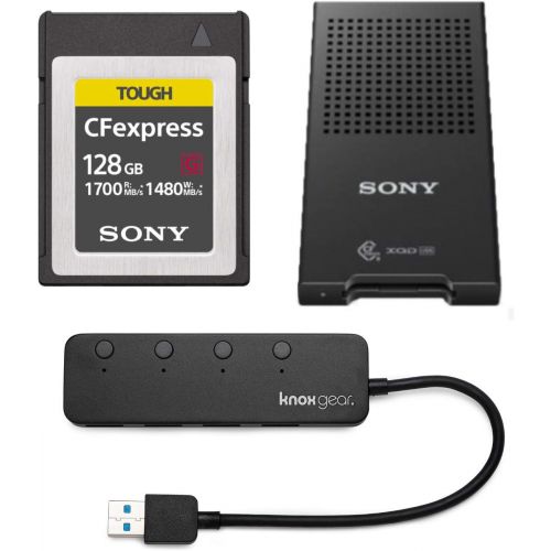 소니 Sony 128GB Tough CEB-G Series CFexpress Type B Memory Card MRWG1T CFe-B/XQD Memory Card Reader and Knox Gear 3.0 4 Port USB Hub Bundle (3 Items)