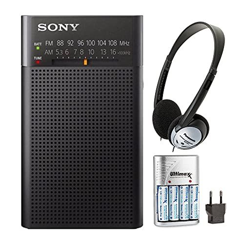 소니 Sony ICFP26 Portable AM/FM Radio (Black) with Headphones and Accessory Bundle (3 Items)