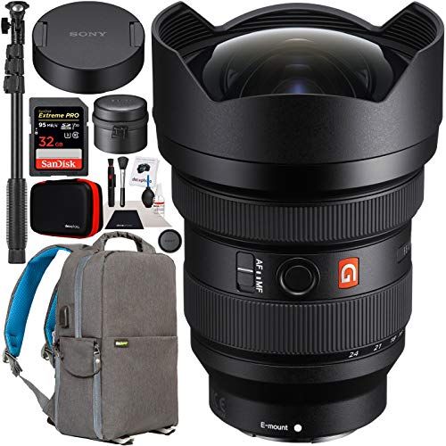 소니 Sony FE 12-24mm F2.8 GM G Master Full Frame Ultra-Wide Zoom E-Mount Lens SEL1224GM for Mirrorless Cameras Bundle with Deco Gear Photography Backpack + Photo Video Monopod Stabilize