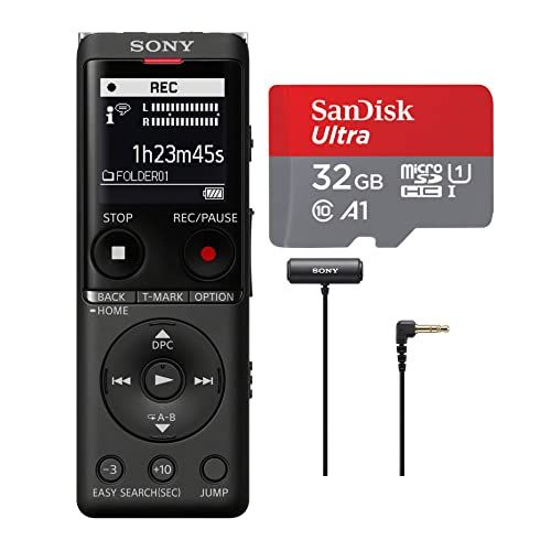 소니 Sony ICD-UX570 Series UX570 Digital Voice Recorder (Black) Bundle with SanDisk 32GB Memory Card and Clip-Style Omni-Directional Stereo Microphone (3 Items)