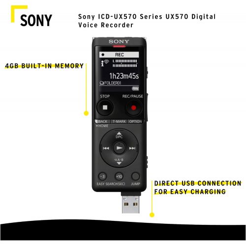 소니 Sony ICD-UX570 Series UX570 Digital Voice Recorder (Black) Bundle with SanDisk 32GB Memory Card and Clip-Style Omni-Directional Stereo Microphone (3 Items)