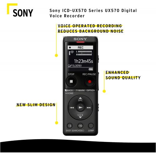 소니 Sony ICD-UX570 Series UX570 Digital Voice Recorder (Black) Bundle with SanDisk 32GB Memory Card and Clip-Style Omni-Directional Stereo Microphone (3 Items)