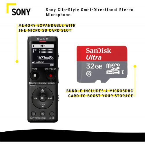 소니 Sony ICD-UX570 Series UX570 Digital Voice Recorder (Black) Bundle with SanDisk 32GB Memory Card and Clip-Style Omni-Directional Stereo Microphone (3 Items)