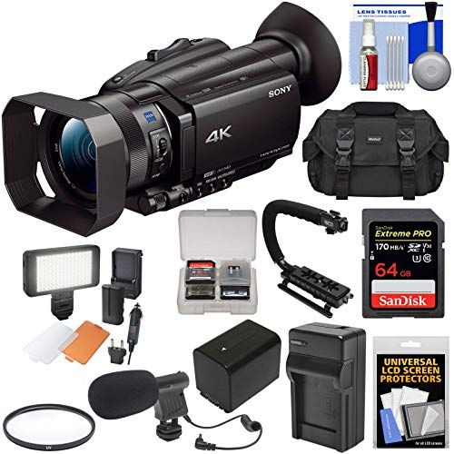 소니 Sony Handycam FDR-AX700 4K HD Video Camera Camcorder with 64GB Card + Battery & Charger + Case + LED Light + Microphone + Stabilizer + Filter + Kit