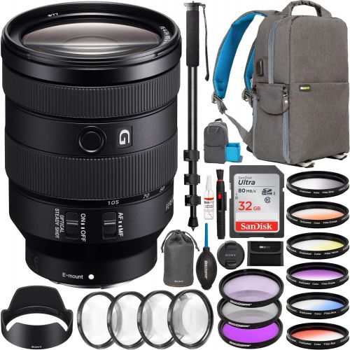 소니 Sony FE 24-105mm F4 G OSS Full-Frame Zoom Lens for E-Mount Mirrorless Cameras SEL24105G Bundle with Deco Gear Backpack + Ultimate Filter Kit (UV/CPL/FLD, Close-Up, Graduated) + Mon