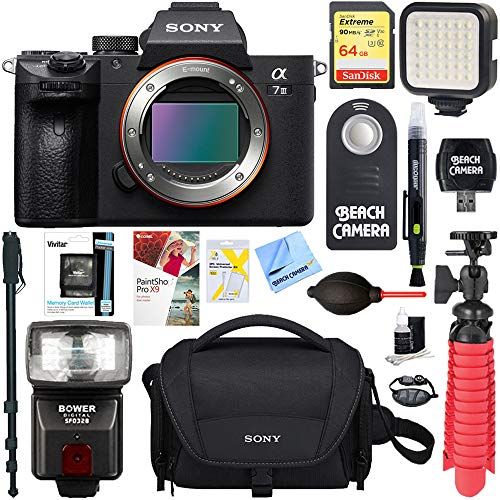 소니 Sony a7III 24.2MP Full Frame Mirrorless Interchangeable Lens Camera Body + 64GB Memory & Flash a7III Accessory Bundle