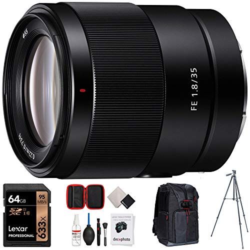 소니 Sony FE 35mm F1.8 Large Aperture Full-Frame E-Mount Prime Lens Bundle with 64GB Memory Card, Camera Sling Backpack, All-in-One Cleaning Kit for DSLR Cameras and 60-Inch Video & Pho