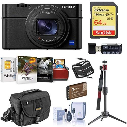 소니 Sony Cyber-Shot DSC-RX100 VII Digital Camera - Bundle with 64GB SDXC U3 Card, Table top Tripod, Camera Case, Spare Battery, Memory Wallet, Cleaning Kit, Card Reader, Mac Software P