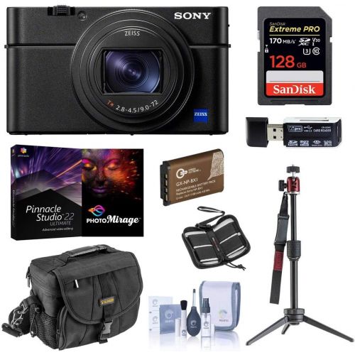 소니 Sony Cyber-Shot DSC-RX100 VII Digital Camera - Bundle with 128GB SDXC U3 Card, Table top Tripod, Camera Case, Spare Battery, Memory Wallet, Cleaning Kit, Card Reader, Pro PC Softwa