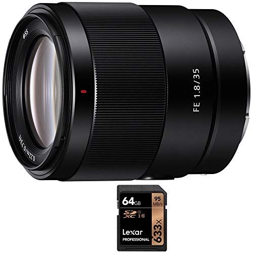 소니 Sony FE 35mm F1.8 Large Aperture Full-Frame E-Mount Prime Lens Bundle with Lexar Professional 633x 64GB UHS-1 Class 10 SDXC Memory Card