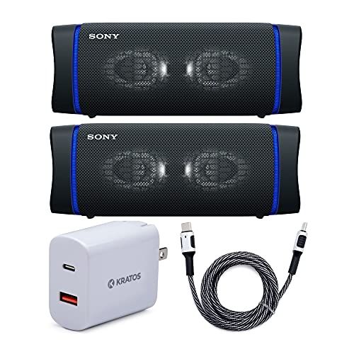 소니 Sony SRSXB33 Extra BASS Bluetooth Wireless Speaker (Black) Stereo Pair (2 Speakers, Left/Right Channel) with Kratos 18W PD Two-Port Power Adapter and Kratos Nylon Braided Aux Bundl