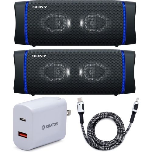 소니 Sony SRSXB33 Extra BASS Bluetooth Wireless Speaker (Black) Stereo Pair (2 Speakers, Left/Right Channel) with Kratos 18W PD Two-Port Power Adapter and Kratos Nylon Braided Aux Bundl