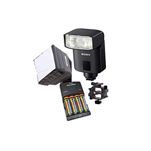 소니 Sony HVL-F32M TTL External Flash alpha7 Series Cameras - Bundle with 4 AA NiMH 2500mAh Batteries/Charger, Mini Soft Box Diffuser, Triple Shoe Mount Bracket, Guide Number 105 at ISO