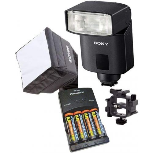 소니 Sony HVL-F32M TTL External Flash alpha7 Series Cameras - Bundle with 4 AA NiMH 2500mAh Batteries/Charger, Mini Soft Box Diffuser, Triple Shoe Mount Bracket, Guide Number 105 at ISO