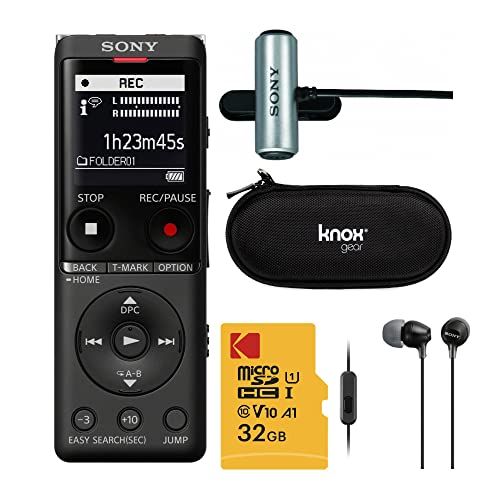 소니 Sony ICDUX570BLK Slim Design Digital Voice Recorder (Black) Complete Professional Bundle - 32GB Micro SD, ECMCS3 Mic, MDREX15AP EX Series Earbud (Black), and Knox Gear Hardcase (5