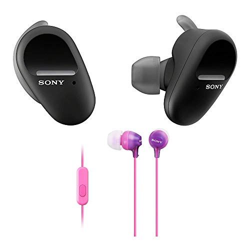 소니 Sony WF-SP800N/B Truly Wireless Sports in-Ear Noise Canceling Headphones (Black) with Sony MDR-EX15AP Fashion Color EX Series Earbuds Bundle (2 Items)