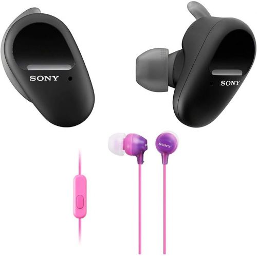 소니 Sony WF-SP800N/B Truly Wireless Sports in-Ear Noise Canceling Headphones (Black) with Sony MDR-EX15AP Fashion Color EX Series Earbuds Bundle (2 Items)