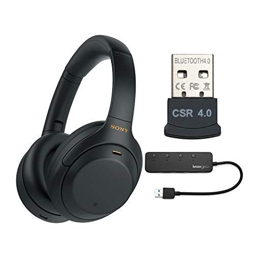 소니 Sony WH-1000XM4 Wireless Noise Canceling Over-Ear Headphones (Black) with Knox Gear 4-Port USB 3.0 Hub and USB Bluetooth Dongle Adapter Work from Home Bundle (3 Items)