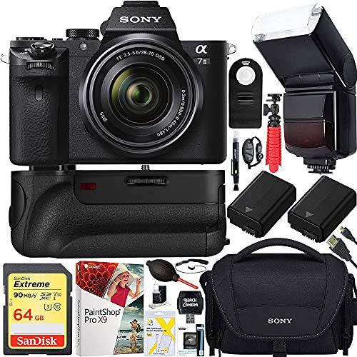 소니 Sony Alpha a7II Mirrorless Interchangeable Lens Camera with 28-70mm F3.5-5.6 OSS Lens Bundle with 64GB Memory Card, Dual Battery, Bag, Table-top Tripod, Paintshop Pro 2018 and Acce