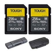 Sony 256GB SF-M Series High Speed Tough SD Card (2 Pack) with Dual Slot Card Reader and Weatherproof Storage Case Bundle (4 Items)