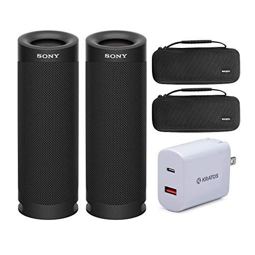소니 Sony SRSXB23 Extra BASS Bluetooth Wireless Portable Speaker (Black) Stereo Pair with Knox Gear Hardshell Travel and Protective Cases and Kratos 18W PD Two-Port Power Adapter Bundle