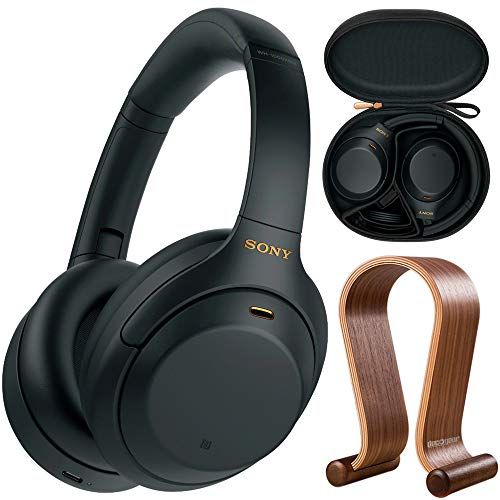 소니 Sony WH1000XM4/B Premium Noise Cancelling Wireless Over-The-Ear Headphones Bundle with Deco Gear Wood Headphone Display Stand and Protective Travel Carry Case