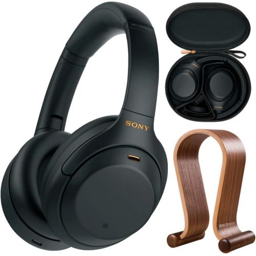 소니 Sony WH1000XM4/B Premium Noise Cancelling Wireless Over-The-Ear Headphones Bundle with Deco Gear Wood Headphone Display Stand and Protective Travel Carry Case