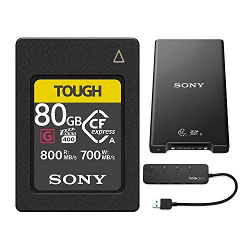 소니 Sony CFexpress Type A 80GB Memory Card MRWG2 CFexpress Type A/SD Memory Card Reader and Knox Gear 4 Port USB 3.0 Hub Bundle (3 Items)