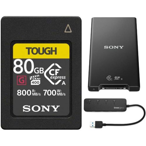 소니 Sony CFexpress Type A 80GB Memory Card MRWG2 CFexpress Type A/SD Memory Card Reader and Knox Gear 4 Port USB 3.0 Hub Bundle (3 Items)