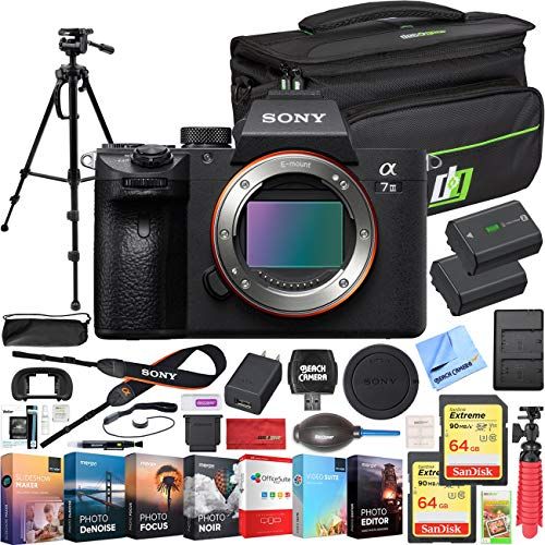 소니 Sony a7 III Full Frame Mirrorless Interchangeable Lens 4K HDR Camera ILCE-7M3 Body Bundle with Deco Gear Travel Bag, 2X 64GB Memory Cards, Editing Suite and Accessories (18 Items)