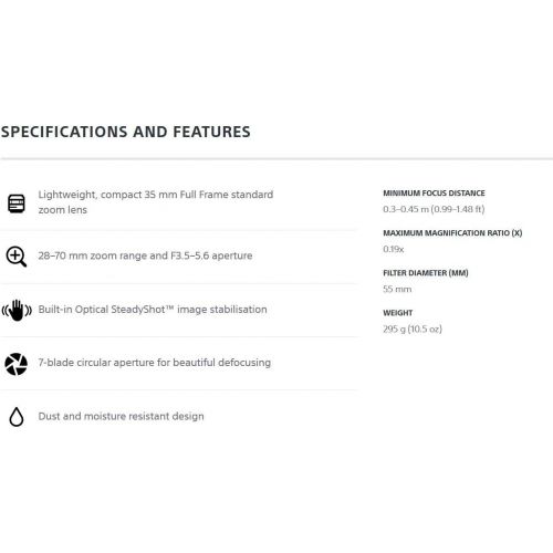 소니 Sony 28-70mm F3.5-5.6 FE OSS Interchangeable Standard Zoom Lens