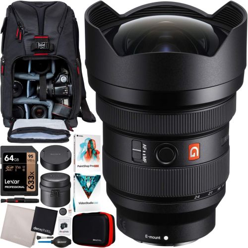 소니 Sony FE 12-24mm F2.8 GM G Master Full Frame Ultra-Wide Zoom E-Mount Lens SEL1224GM for Mirrorless Cameras Bundle with Deco Gear Photography Sling Backpack + Photo Video Software Ki