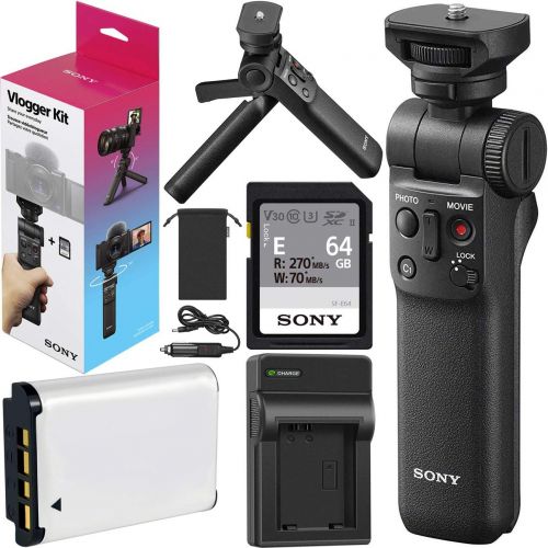 소니 Sony Vlogger Kit ACCVC1 Including GP-VPT2BT Shooting Grip and Tripod with Bluetooth Wireless Remote Commander Bundle 64GB SDXC Memory Card + GBX Battery and Charger Compatible with