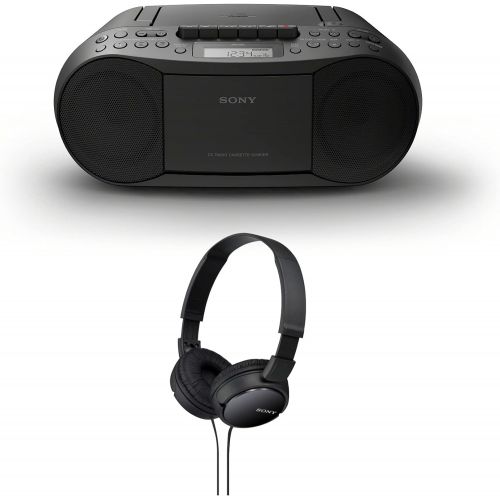 소니 Sony Stereo CD/Cassette Boombox Home Audio Radio (Black) with Sony ZX110 Over-Ear Dynamic Stereo Headphones (Black) Bundle (2 Items)