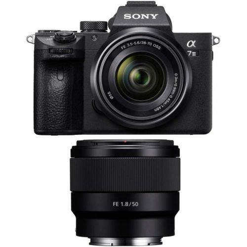 소니 Sony a7 III Full Frame Mirrorless Camera with 28-70mm, FE 50mm f/1.8 Lens, 64GB Card, and Accessory Bundle (9 Items)