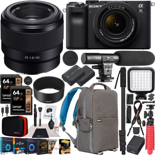 소니 Sony a7C Mirrorless Full Frame Camera 2 Lens Kit Body with 28-60mm F4-5.6 + 50mm F1.8 SEL50F18 Black ILCE7CL/B Bundle with Deco Gear Photography Backpack Case, Software and Accesso