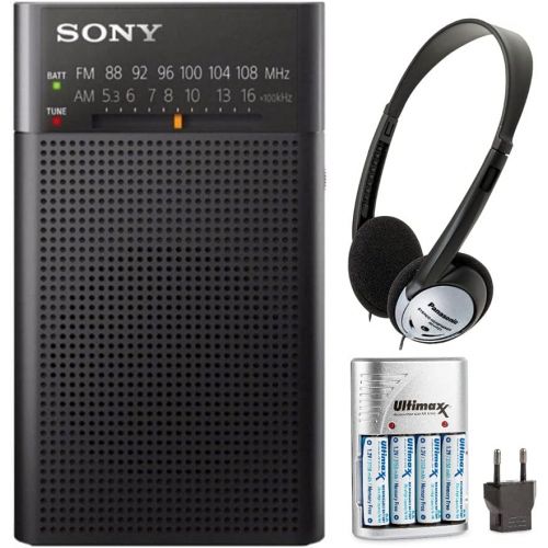 소니 Sony ICFP26 Portable AM/FM Radio (Black) with Headphones and Accessory Bundle (3 Items)